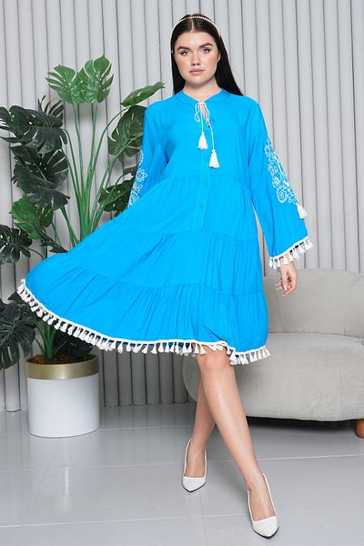 EL jadida Women's Embroidered Tassel Plus Size Viscose Short Dress Blue