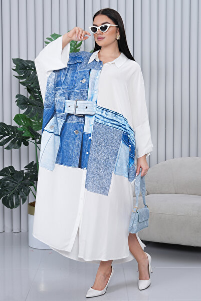 EL jadida Women's Denim Printed Plus Size Viscose Long Dress White