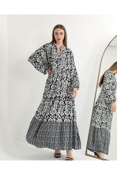 EL jadida Women's Patterned Plus Size Long Viscose Dress Black