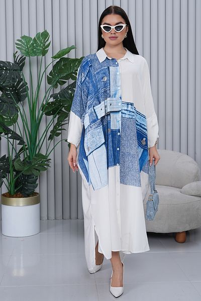 EL jadida Women's Denim Printed Plus Size Viscose Long Dress White