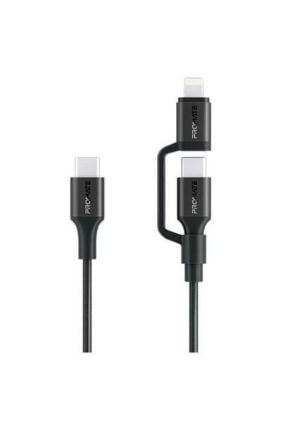 Promate High-Speed 3-in-1 MFI Certified Lightning and USB-C Cable, 60W USB-C and 27W Lightning Outpu
