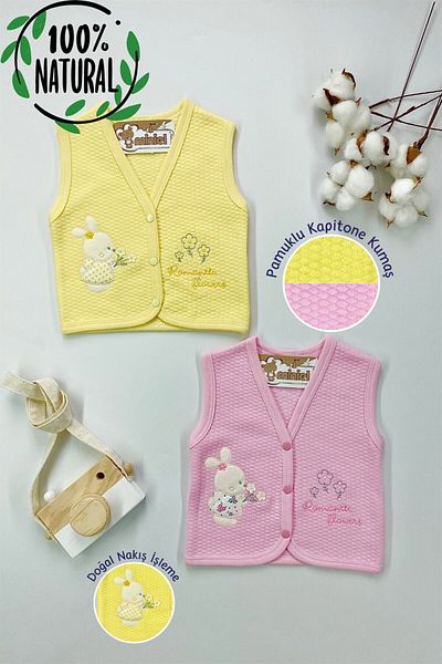 Miniel Baby Girl Floral Teddy Bear Embroidered Organic Cotton 3-6-9 Months 2-Piece Quilted Baby Vest - Colorful