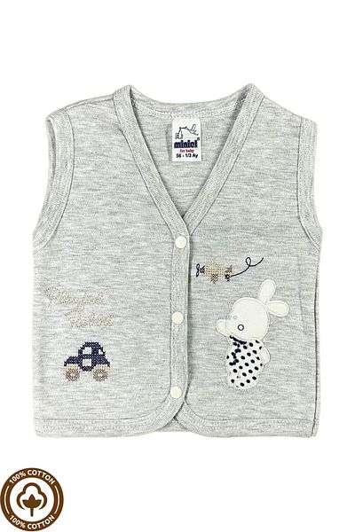 Miniel 3-Piece Unisex Baby Vest Set - Cross Stitch, Rabbit Embroidered, Organic Cotton, 3-6-9 Months