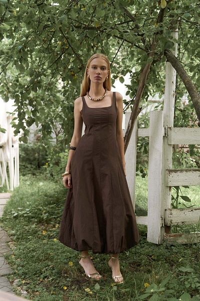MAİ COLLECTİON Garda Long Brown Balloon Dress