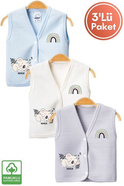 Miniel Unisex Baby Printed Organic Cotton 3-6-9 Months 3-Piece Quilted Baby Vest Set