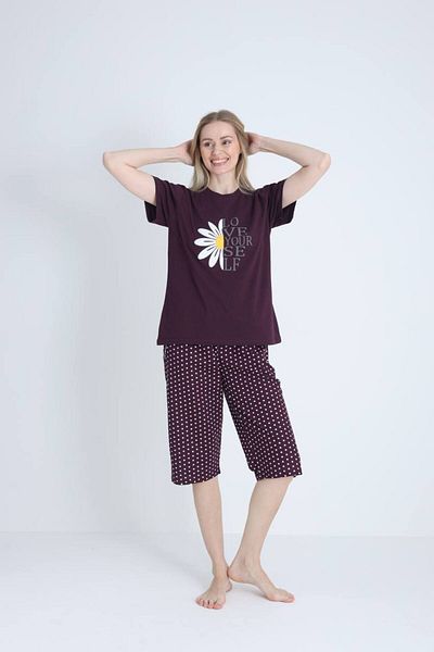 shopshop Women's Plum 100% Cotton Floral Detailed Summer Short Sleeve Pocket Capri Bermuda Pajama Set