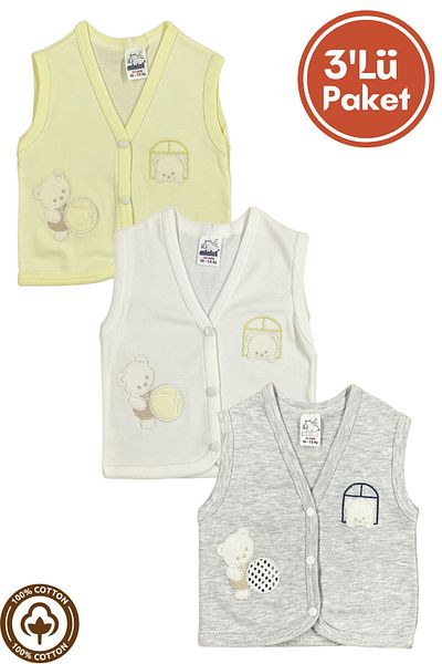 Miniel 3-piece Unisex Baby Vest Set - Teddy Bear Embroidered, Organic Cotton, 3-6-9 Months