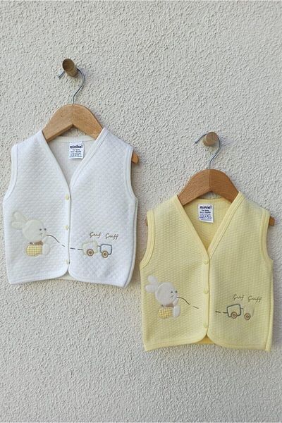 Miniel Unisex Baby Rabbit Embroidered Organic Cotton 3-6-9 Months 2-Piece Quilted Baby Vest - Yellow