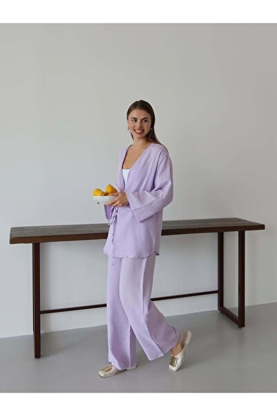manana fashion LİLA MOR MÜSLİN KUMAŞ BAĞLAMALI KİMONO BLUZ PANTOLON TAKIM
