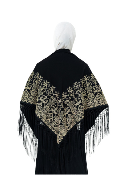 Zaytoon Siyah Rengi Geleneksel Sarı Nakışlı İşlemli Püsküllü 140*140  S300012