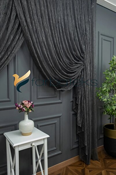 farbateks Anthracite Gray Double Breasted Curtain Models Yanki Tulle Theater Curtain Glass Broken Model