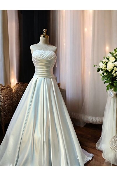 GÖKŞİNK MODA أوف وايت رايات فستان الزفاف الساتان