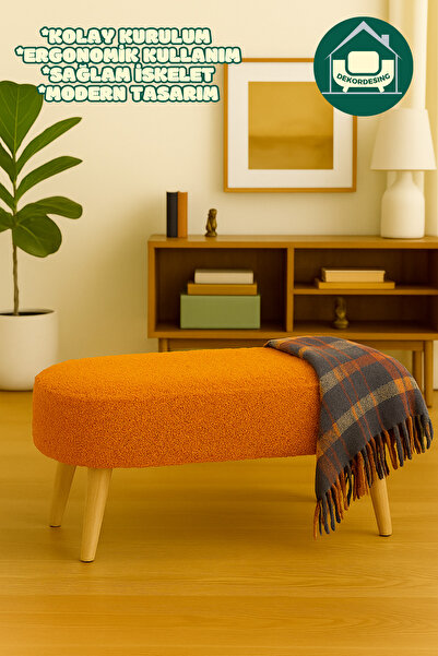 DEKOR MOBİLYACIM KOPYA - Paris Retro Ahşap Ayaklı Geniş Oturum Alanlı Oval Bench Puf Kiremit