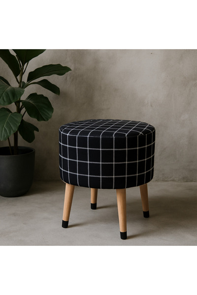 ustaagac Siyah Üstü Beyaz Örme Ekose Puf Koltuk Tabure – 38x43 cm | Gürgen Ah...