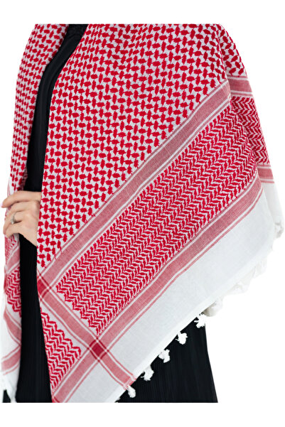 Zaytoon Dense Red Striped Kefiye Scarf - Palestine Puchsia with Tassels S300003