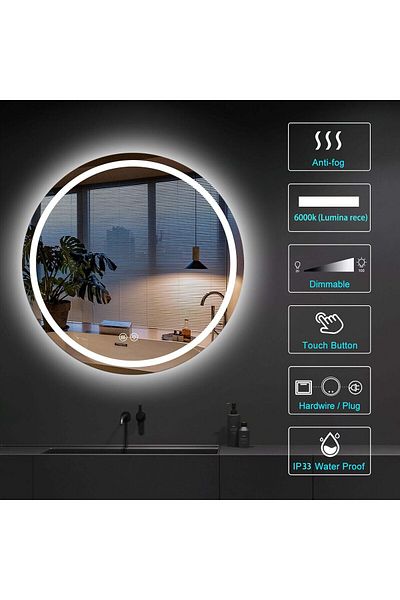 K Korman LED Bathroom Mirror, Round 50x50 cm, Anti-Fog, Shock Resistant, Touch Function