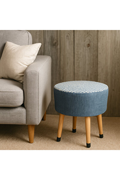 ustaagac Lacivert Keten Örme Puf Koltuk Tabure – 38x43 cm | Retro Stil, Ahşap...