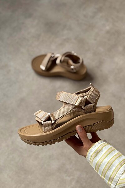 NİŞANTAŞI SHOES N-Step Dark Beige Velcro Thick Sole Women's Sandals