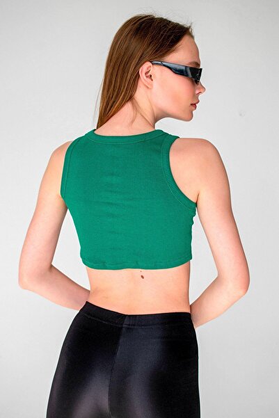 la & vetta Grass Green Ribbed Super Crop Halter Collar Knitted Tank Top