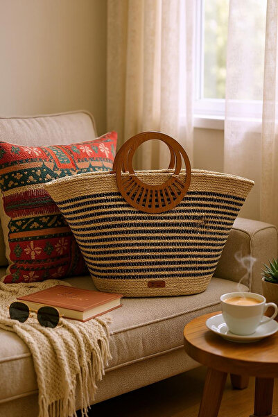 Zuviel Deco Handmade El yapımı hasır ahşap saplı plaj çantası