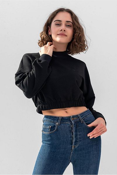 la & vetta Women's Black Cotton Crew Neck Crop Sweatshirt