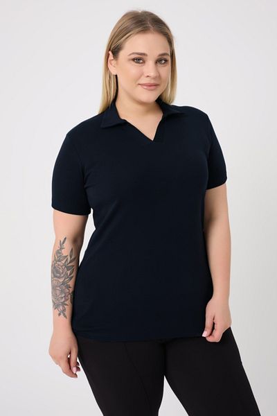 BANEGA Curve Plus Size Women's Cotton Lycra V-Neck Basic Plain Short Sleeve Navy Blue Blouse
