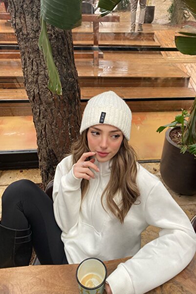 la & vetta Off-White Zipper Detailed Oversize Sweatshirt