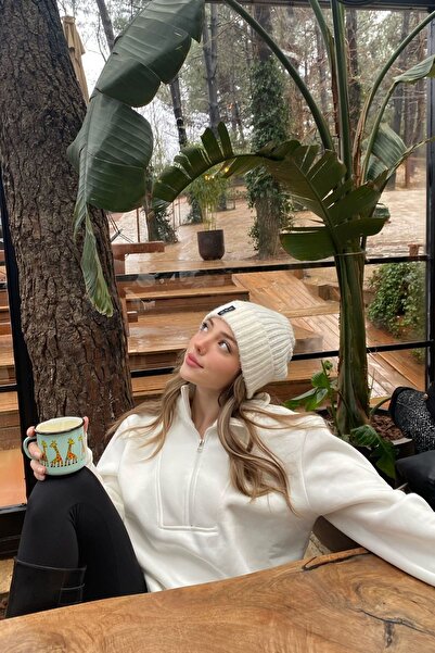 la & vetta Off-White Zipper Detailed Oversize Sweatshirt