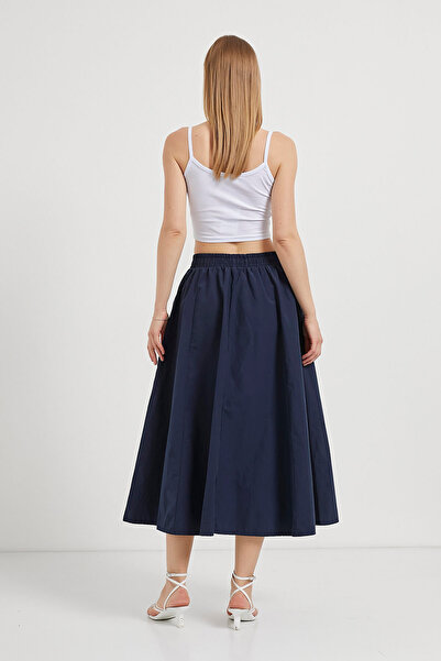 Arma Life Women's Elastic Flared Poplin Long Navy Skirt with Pockets