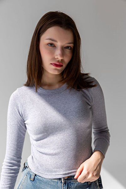 la & vetta Πλεκτή μπλούζα με ραβδώσεις γκρι Crop - Μακρυμάνικη