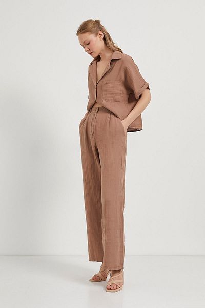Arma Life Women's Waist Elastic Buttoned Muslin Brown Loose Trousers