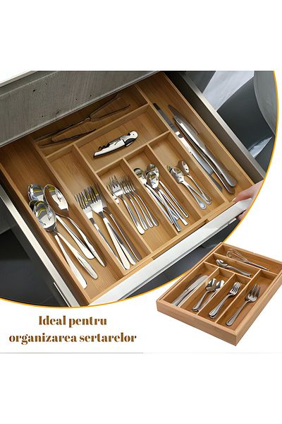 Fabra.ro Suport Tacamuri Si Ustensile De Bucatarie Extensibil Fabra®, Din Bambus, 43.5x45.5x5cm