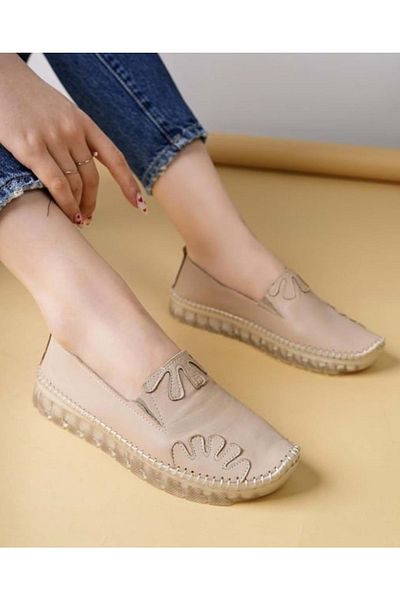 Kocamanlar Ayakkabı Ayakdaş Saddler Detailed Genuine Leather Women's Ballerina Shoes Beige