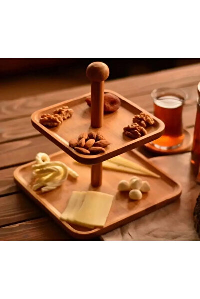 NOY Doğal Bambu 2 Katlı Kare Sunumluk – Yeni Ev Hediyesi Için Şık Ve Kullanış...