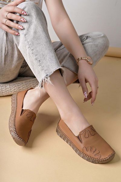 Kocamanlar Ayakkabı Ayakdaş Saraç Detailed Genuine Leather Women's Ballerina Shoes Taba