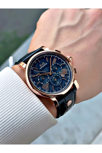 Romanson Functional Leather Cord Navy Blue-Copper Color Sapphire Glass Steel Case Men's Wrist Watch 1134.02Mr