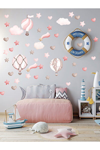 MAARS Pembe Retro Suluboya Balonlar Bulutlar Çocuk Odası Süslemesi Ahşap, Cam...