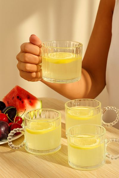 LUMİNA 3Pcs Glass Beads Cup with Handle Mug Tea Coffee Soft Drink Cup 250ml