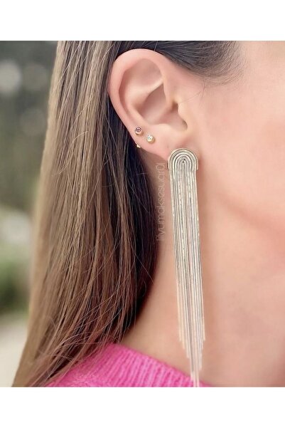 Lilyum Aksesuar Uzun Sallantılı Gri-Gold Renk Küpe