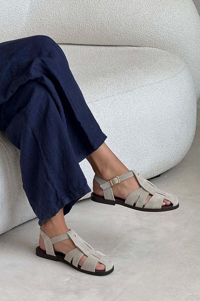 NİŞANTAŞI SHOES Sandale de damă cu talpă plată din piele naturală din piele de căprioară bej