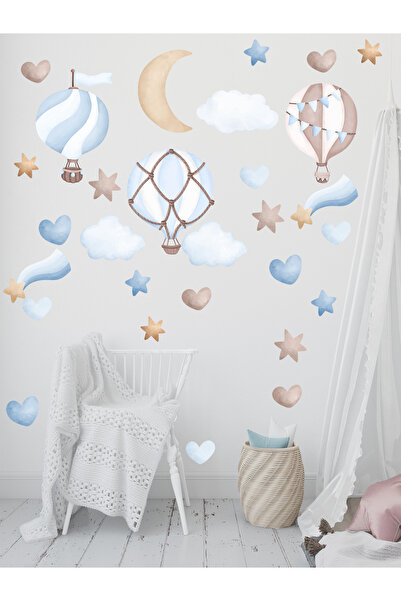 MAARS Mavi Retro Suluboya Balonlar Bulutlar Çocuk Odası Süslemesi Ahşap, Cam,...