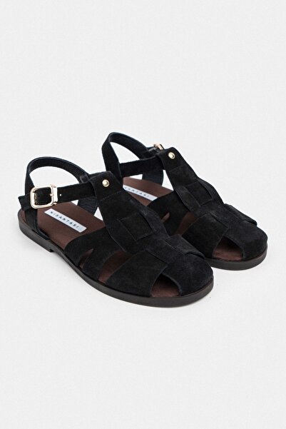 NİŞANTAŞI SHOES Bird Black Suede Genuine Leather Buckle Detail Flat Sole Women's Sandals