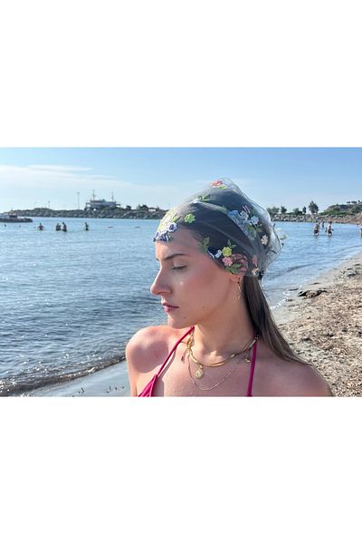 VENÜS MODA by Pınar Gray Tulle Bandana New Season Spring Floral Embroidered Tulle Scarf Hair Accessory Combination