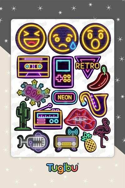 TUGİBU Neon Sticker Set, 50 Pieces Neon Stickers, Neon Themed Retro Stickers