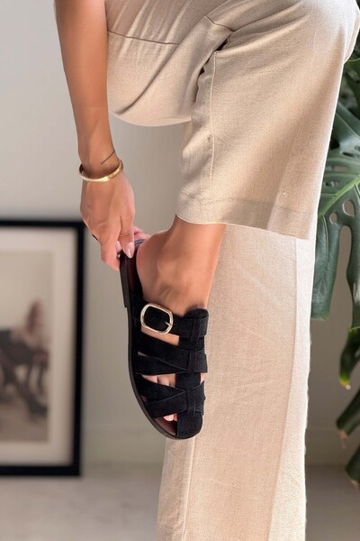 NİŞANTAŞI SHOES Honey Black Genuine Suede Buckle Detailed Flat Sole Women's Slippers