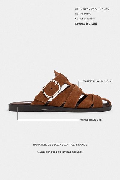 NİŞANTAŞI SHOES Papuci de damă Honey Tan din piele intoarsa autentica cu talpa plată cu detaliu de cataramă
