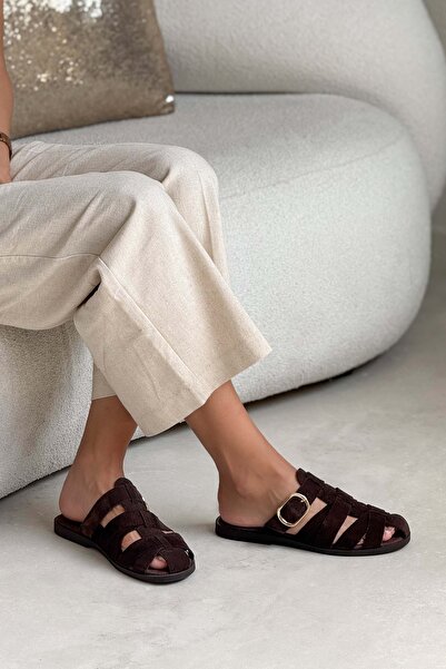 NİŞANTAŞI SHOES Honey Kahve Hakiki Süet Toka Detaylı Düz Taban Kadın Terlik