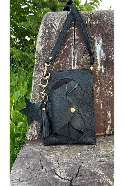 Atölyezümra Adjustable Strap Glasses Case, Card Compartment, Phone Bag (Printed Black)