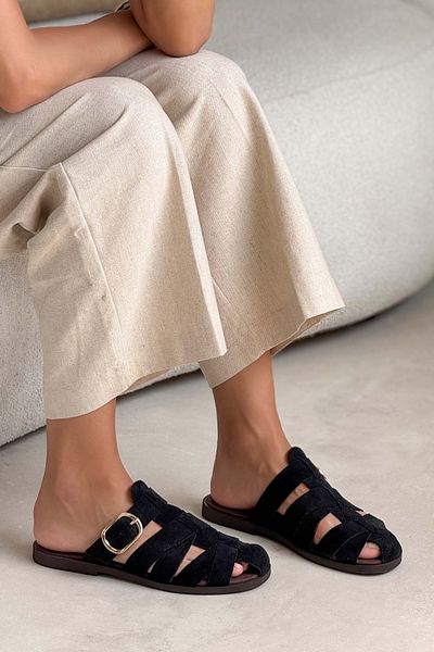 NİŞANTAŞI SHOES Honey Black Genuine Suede Buckle Detailed Flat Sole Women's Slippers