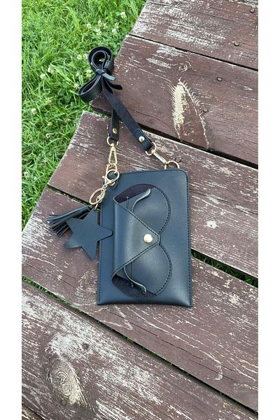 Atölyezümra Glasses Case, Card Compartment, Phone Bag, Tasseled Star Charm Keychain Gift (Black)